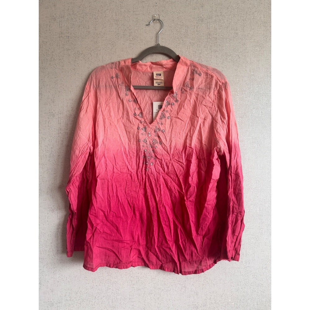 Faded Glory 16W Pink Dip Dye Crinkle Top Sequin Accent Boho Peasant Blouse